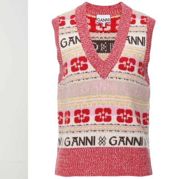 Ganni Intarsia Logo Sweater Knit Vest - S - Picture 3 of 5